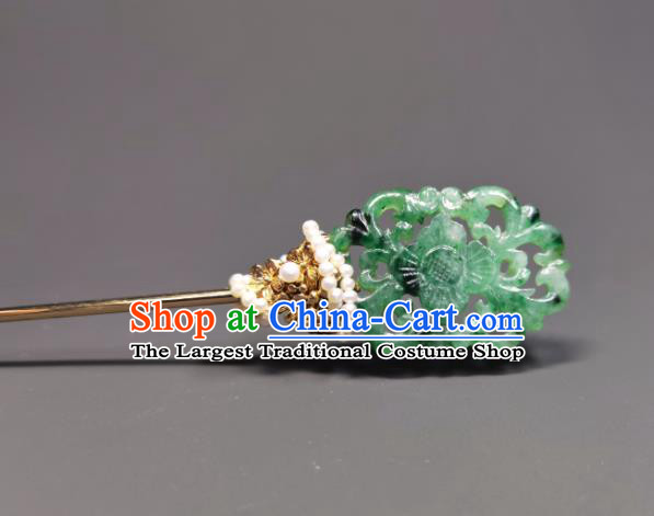 Chinese Traditional Jadeite Hair Accessories Handmade Qing Dynasty Queen Hair Stick Ancient Empress Pearls Hairpin