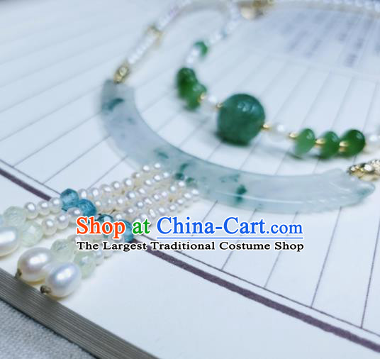 China Ancient Imperial Consort Necklace Accessories Qing Dynasty Pearls Tassel Necklet Handmade Jade Jewelry