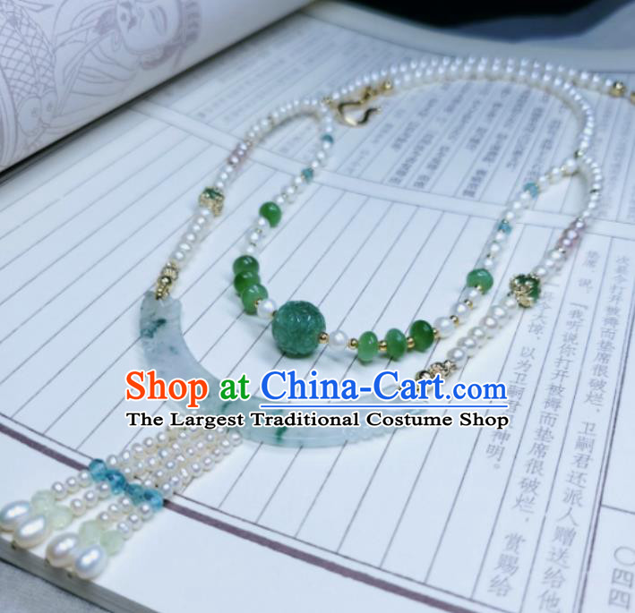 China Ancient Imperial Consort Necklace Accessories Qing Dynasty Pearls Tassel Necklet Handmade Jade Jewelry