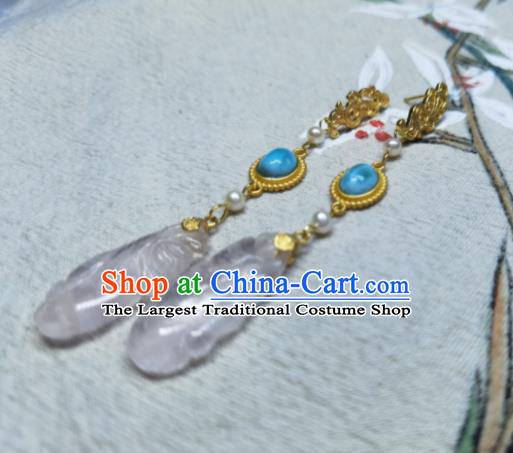 Handmade Chinese Traditional Ear Jewelry Qing Dynasty Palace Eardrop Cheongsam Ear Accessories National Rose Quartz Earrings