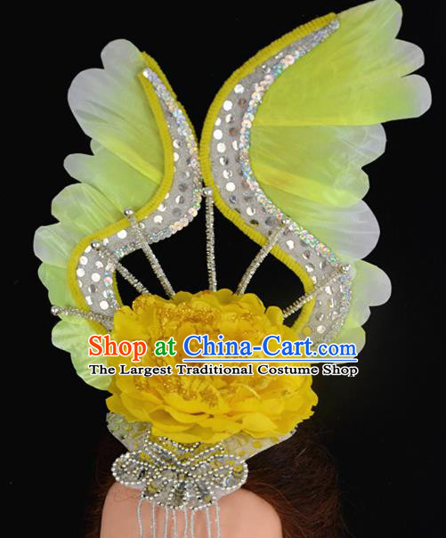 China Spring Festival Gala Flower Dance Hair Accessories Modern Dance Headpiece Opening Dance Yellow Peony Hair Crown Women Group Dance Hat