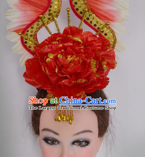 China Women Group Dance Hat Spring Festival Gala Flower Dance Hair Accessories Modern Dance Headpiece Opening Dance Red Peony Hair Crown