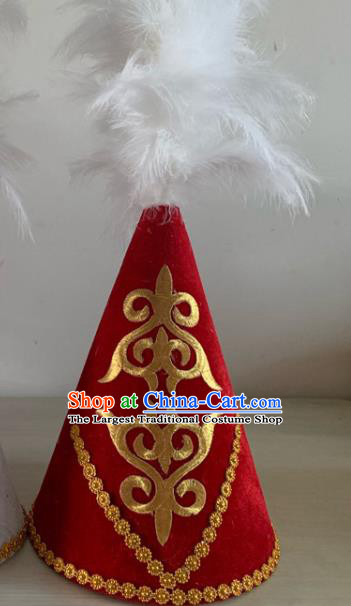 China Kazakh Minority Female Feather Headdress Xinjiang Ethnic Folk Dance Red Hat Kazak Nationality Stage Performance Headwear
