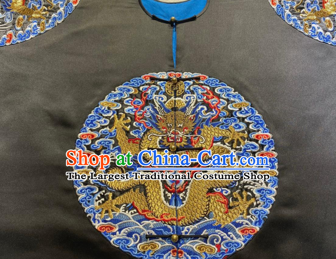 Chinese Qing Dynasty Garment Costumes Traditional Manchu Male Official Robe Ancient Royal Highness Black Imperial Gown