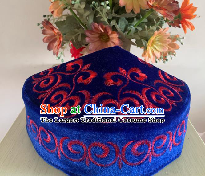 Chinese Ethnic Male Performance Headwear Kazak Nationality Embroidered Blue Pleuche Hat Xinjiang Minority Folk Dance Headdress