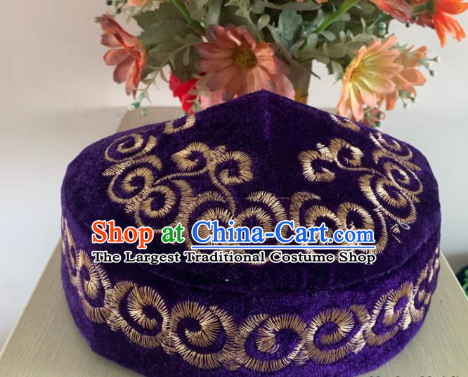 Chinese Xinjiang Kazakh Minority Male Headdress Ethnic Stage Performance Headwear Kazak Nationality Dance Purple Pleuche Hat