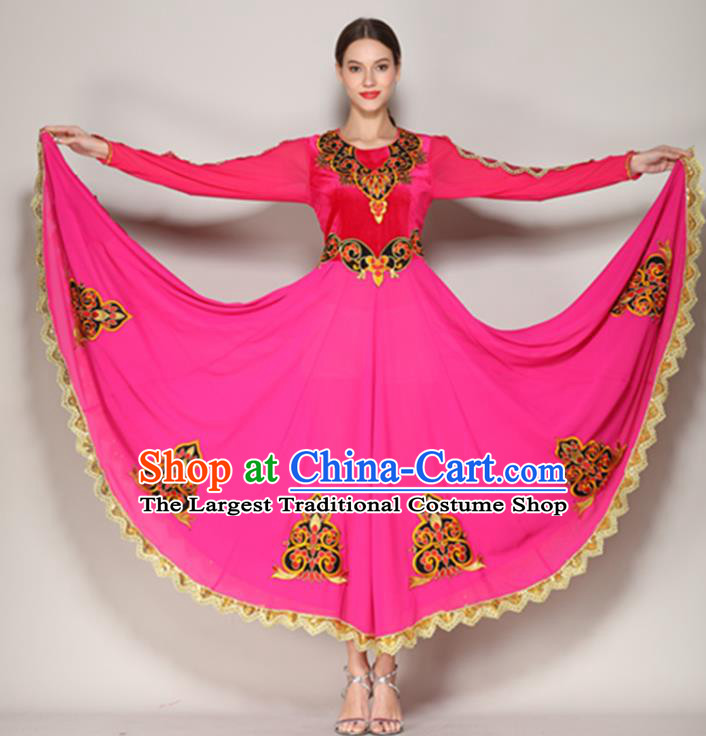 Chinese Ethnic Garment Costume Uyghur Nationality Stage Performance Rosy Dress Xinjiang Uighur Minority Dance Clothing