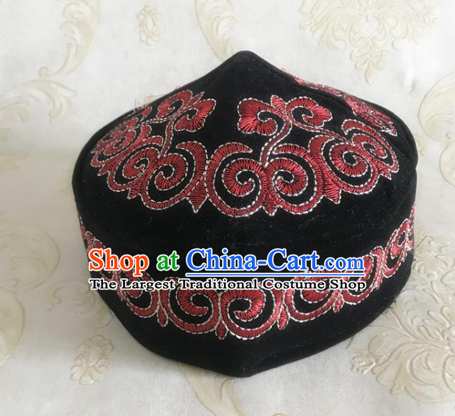 Chinese Kazak Nationality Embroidered Black Pleuche Hat Kazakh Minority Male Headdress Xinjiang Ethnic Folk Dance Headwear