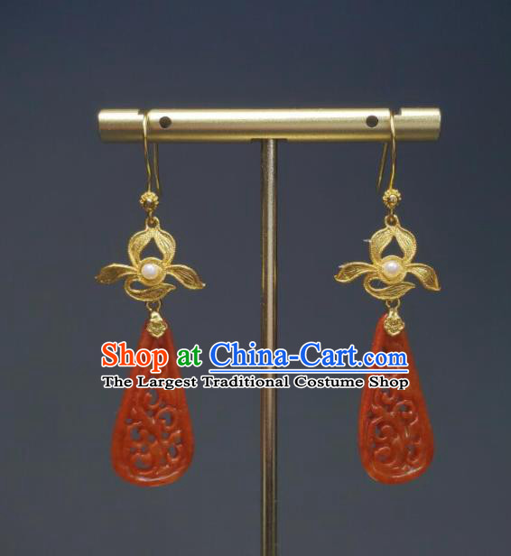 Handmade Chinese Agate Ear Accessories National Golden Orchid Earrings Traditional Cheongsam Ear Jewelry Qing Dynasty Court Eardrop