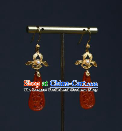 Handmade Chinese Agate Ear Accessories National Golden Orchid Earrings Traditional Cheongsam Ear Jewelry Qing Dynasty Court Eardrop