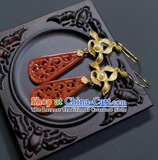 Handmade Chinese Agate Ear Accessories National Golden Orchid Earrings Traditional Cheongsam Ear Jewelry Qing Dynasty Court Eardrop