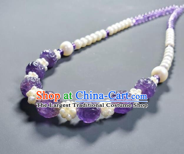 China Handmade Amethyst Jewelry Ancient Palace Lady Necklace Accessories Qing Dynasty Empress Pearls Necklet