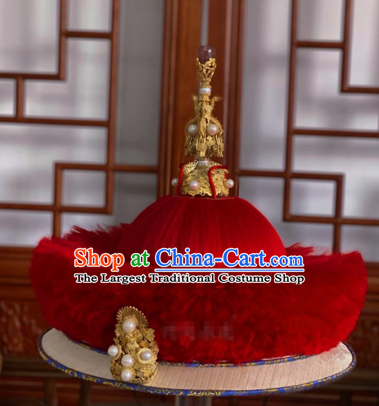 China Qing Dynasty Majesty Lord Headdress Ancient Emperor Pearls Hat Traditional Manchu King Kangxi Headwear for Men