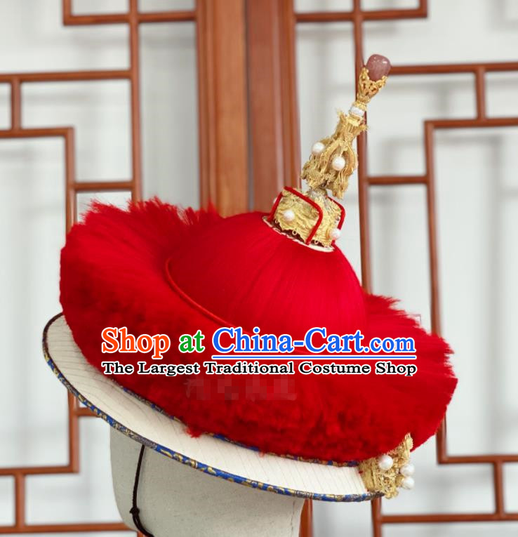 China Qing Dynasty Majesty Lord Headdress Ancient Emperor Pearls Hat Traditional Manchu King Kangxi Headwear for Men