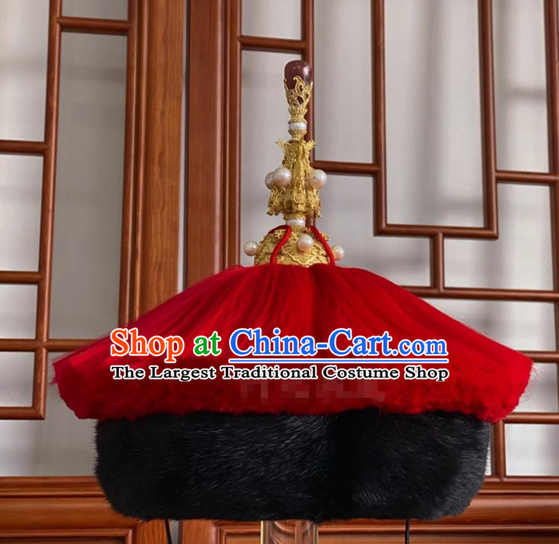 China Traditional Manchu Monarch Kangxi Headwear Qing Dynasty Majesty Lord Headdress Ancient Emperor Winter Fur Hat for Men