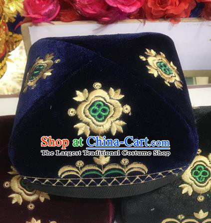 Chinese Uyghur Nationality Square Hat Uighur Minority Performance Headdress Xinjiang Ethnic Male Embroidered Navy Pleuche Headwear