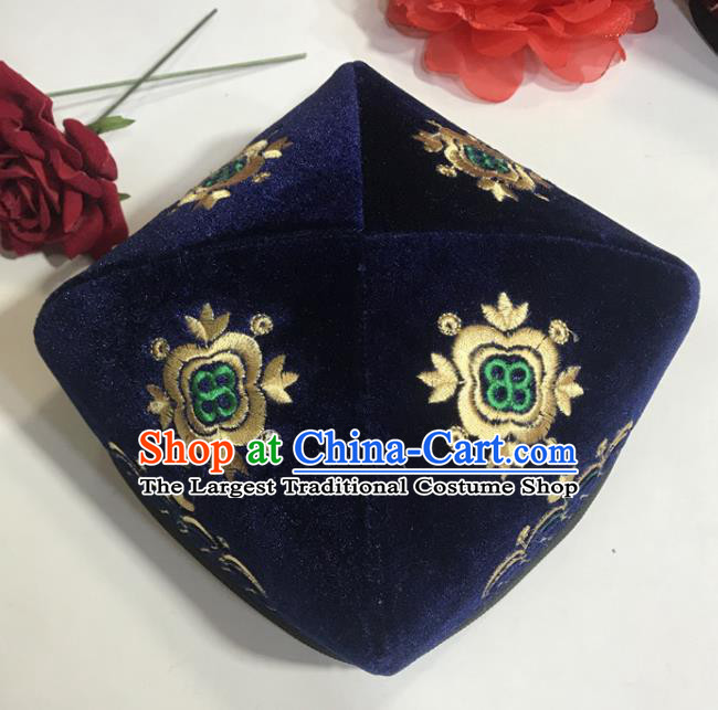 Chinese Uyghur Nationality Square Hat Uighur Minority Performance Headdress Xinjiang Ethnic Male Embroidered Navy Pleuche Headwear