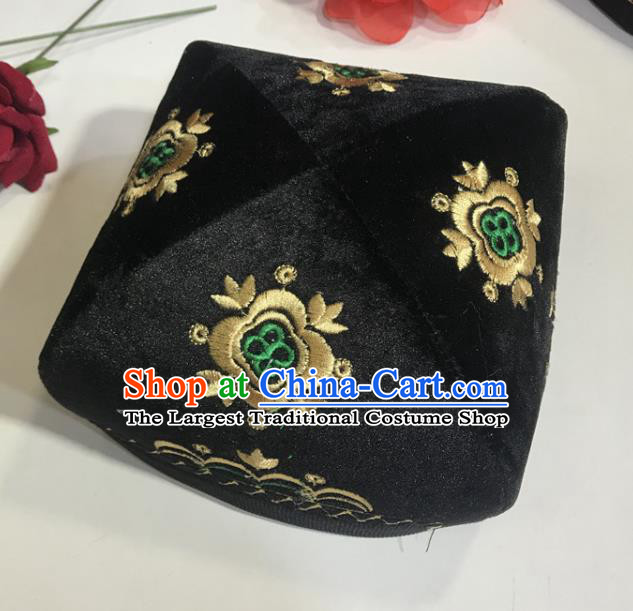 Chinese Uighur Minority Performance Headdress Xinjiang Ethnic Male Embroidered Black Pleuche Headwear Uyghur Nationality Square Hat