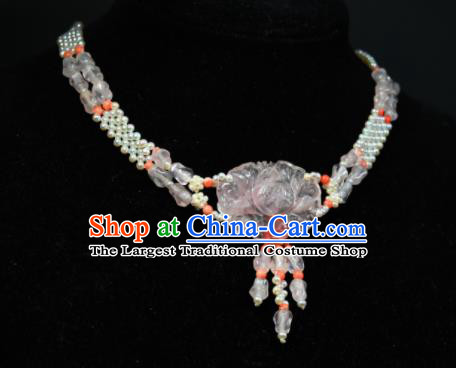 China Handmade Rose Quartz Carving Peony Jewelry Ancient Princess Necklace Accessories Qing Dynasty Palace Lady Pearls Necklet