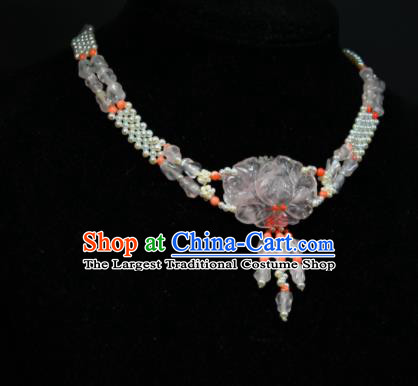 China Handmade Rose Quartz Carving Peony Jewelry Ancient Princess Necklace Accessories Qing Dynasty Palace Lady Pearls Necklet