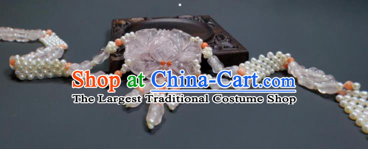 China Handmade Rose Quartz Carving Peony Jewelry Ancient Princess Necklace Accessories Qing Dynasty Palace Lady Pearls Necklet