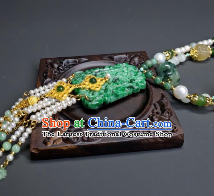 China Qing Dynasty Empress Pearls Tassel Necklet Handmade Jadeite Carving Jewelry Ancient Princess Necklace Accessories