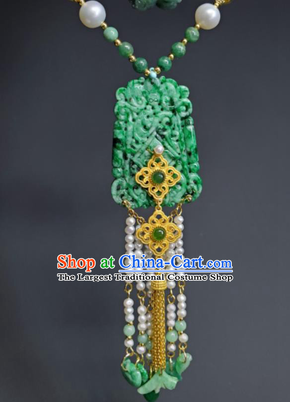 China Qing Dynasty Empress Pearls Tassel Necklet Handmade Jadeite Carving Jewelry Ancient Princess Necklace Accessories