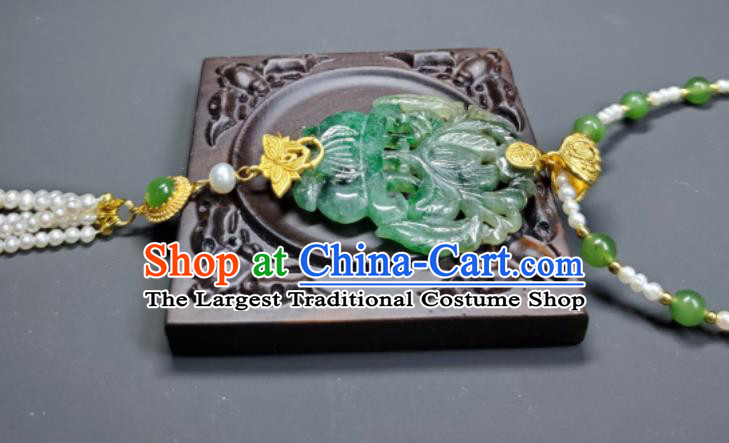China Ancient Imperial Consort Necklace Accessories Qing Dynasty Empress Pearls Tassel Necklet Handmade Jadeite Carving Flower Basket Jewelry