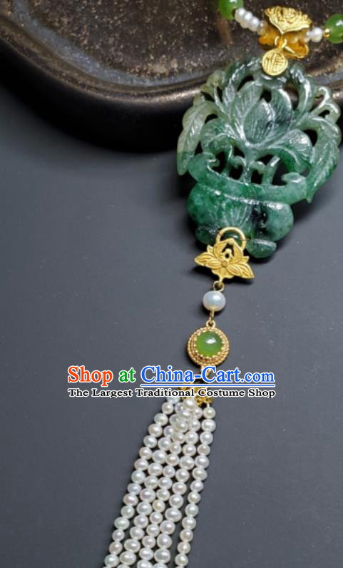 China Ancient Imperial Consort Necklace Accessories Qing Dynasty Empress Pearls Tassel Necklet Handmade Jadeite Carving Flower Basket Jewelry