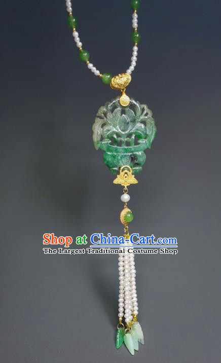 China Ancient Imperial Consort Necklace Accessories Qing Dynasty Empress Pearls Tassel Necklet Handmade Jadeite Carving Flower Basket Jewelry