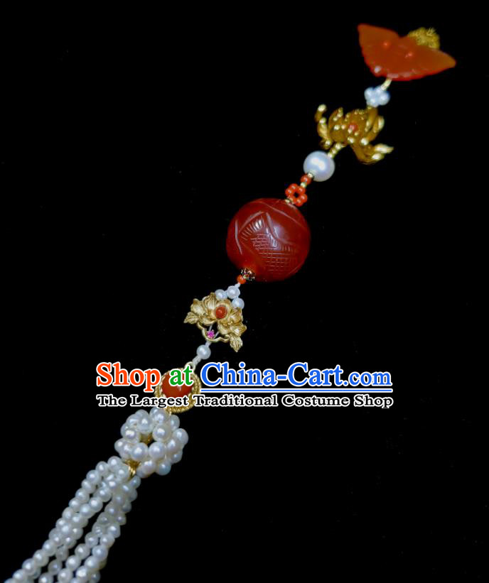 Chinese Ancient Empress Beads Tassel Brooch Traditional Agate Butterfly Pendant Qing Dynasty Court Woman Pearls Jewelry