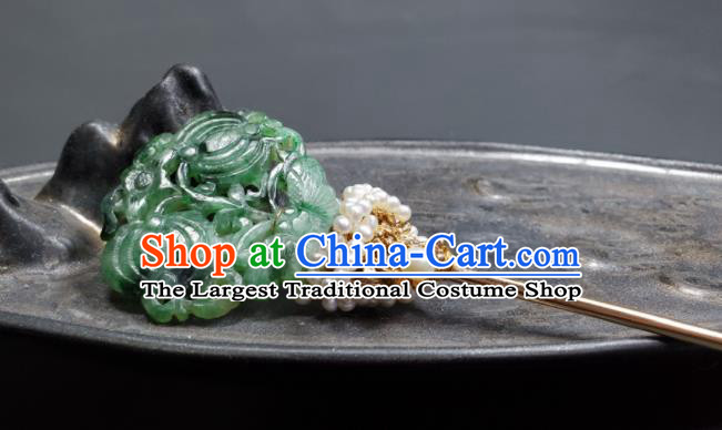 Chinese Traditional Qipao Dress Hair Accessories Handmade Qing Dynasty Court Woman Jade Butterfly Hair Stick Ancient Imperial Consort Pearls Hairpin