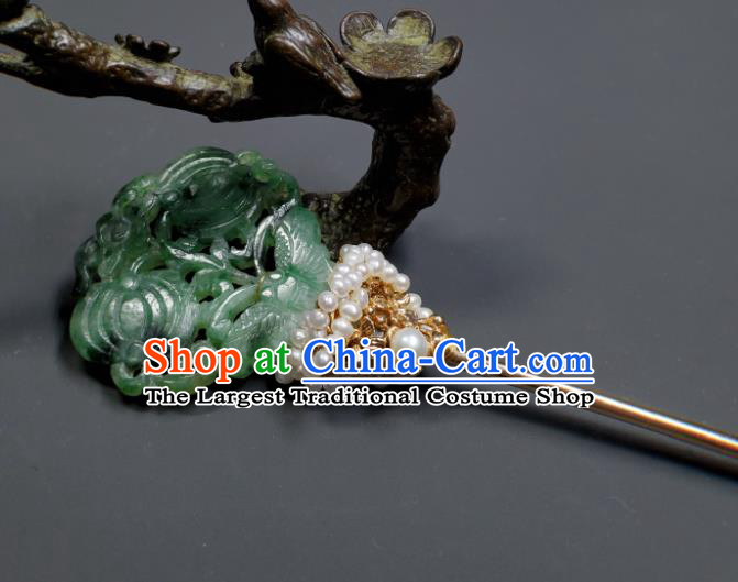Chinese Traditional Qipao Dress Hair Accessories Handmade Qing Dynasty Court Woman Jade Butterfly Hair Stick Ancient Imperial Consort Pearls Hairpin