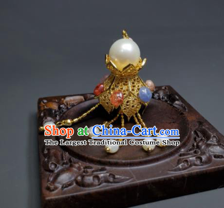 Handmade Chinese Qing Dynasty Eardrop Golden Lotus Lantern Ear Accessories National Pearls Tassel Earrings Traditional Cheongsam Ear Jewelry