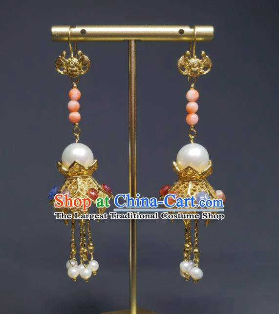 Handmade Chinese Qing Dynasty Eardrop Golden Lotus Lantern Ear Accessories National Pearls Tassel Earrings Traditional Cheongsam Ear Jewelry