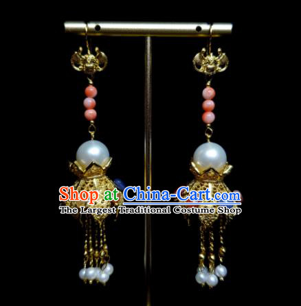 Handmade Chinese Qing Dynasty Eardrop Golden Lotus Lantern Ear Accessories National Pearls Tassel Earrings Traditional Cheongsam Ear Jewelry