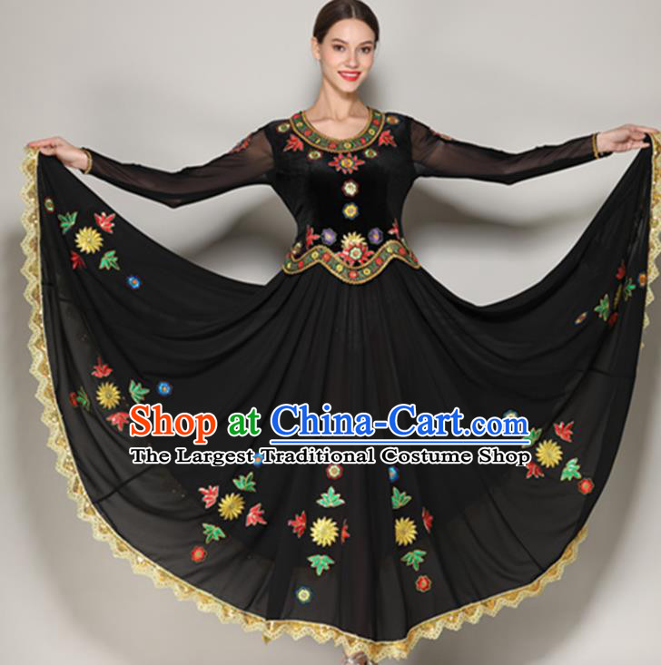 Chinese Uyghur Nationality Stage Performance Black Dress Xinjiang Uighur Minority Dance Clothing Ethnic Garment Costume
