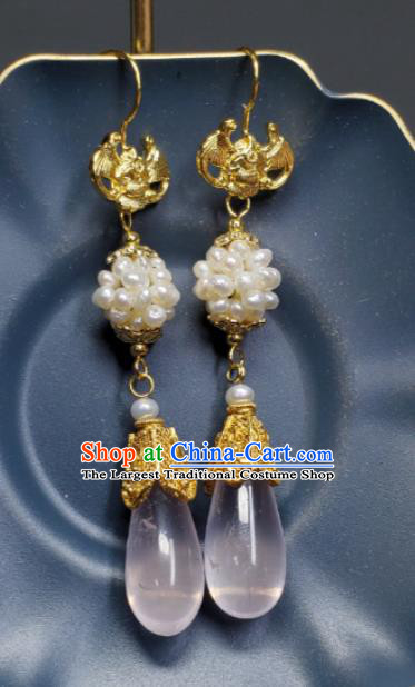 Handmade Chinese Traditional Cheongsam Ear Jewelry Qing Dynasty Eardrop Golden Bat Ear Accessories National Pearls Earrings