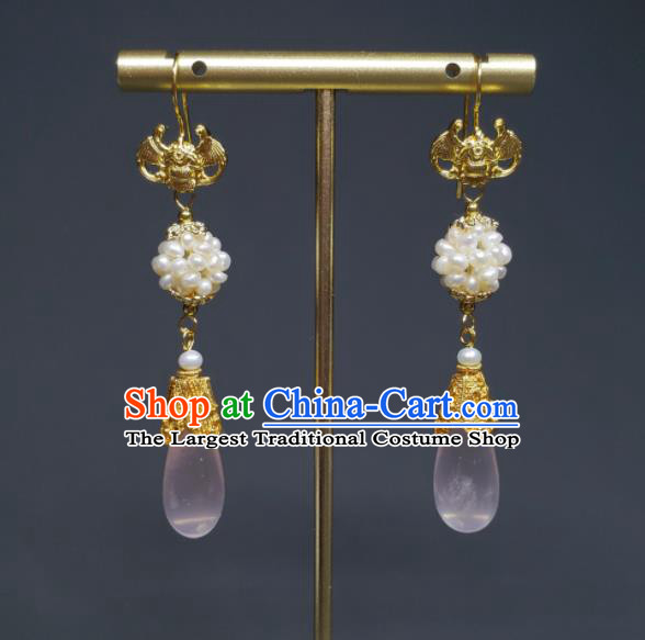 Handmade Chinese Traditional Cheongsam Ear Jewelry Qing Dynasty Eardrop Golden Bat Ear Accessories National Pearls Earrings