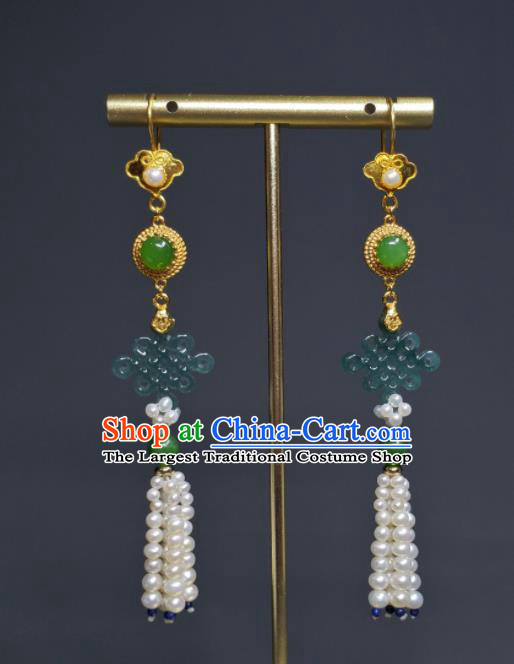 Handmade Chinese Qing Dynasty Eardrop Pearls Tassel Ear Accessories National Jadeite Earrings Traditional Cheongsam Ear Jewelry