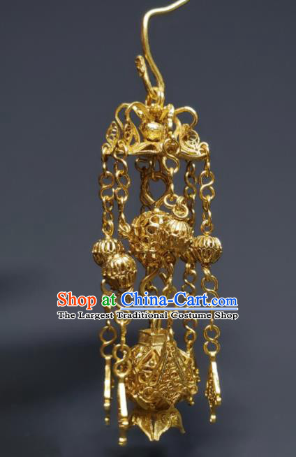 Handmade Chinese Traditional Ear Accessories National Golden Lantern Earrings Cheongsam Ear Jewelry Qing Dynasty Court Tassel Eardrop