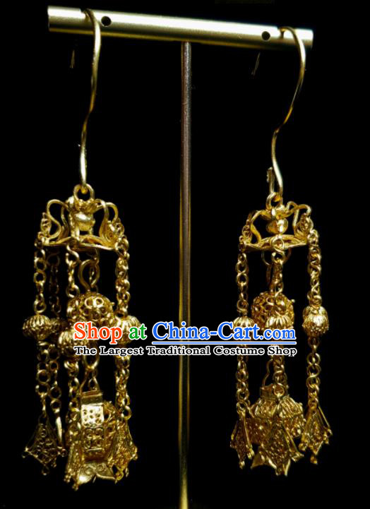 Handmade Chinese Traditional Ear Accessories National Golden Lantern Earrings Cheongsam Ear Jewelry Qing Dynasty Court Tassel Eardrop