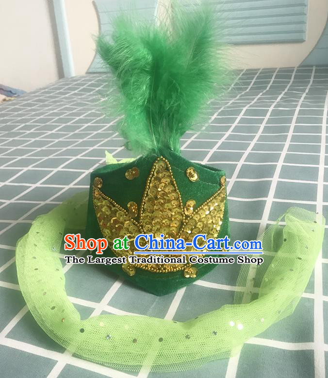 China Uyghur Nationality Folk Dance Headwear Kazak Minority Stage Performance Feather Headdress Xinjiang Ethnic Woman Green Hat