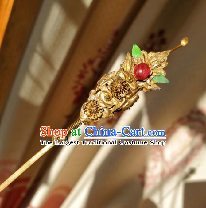 Chinese Ancient Empress Golden Hairpin Traditional Qipao Dress Headpiece Handmade Qing Dynasty Queen Ruby Hair Stick