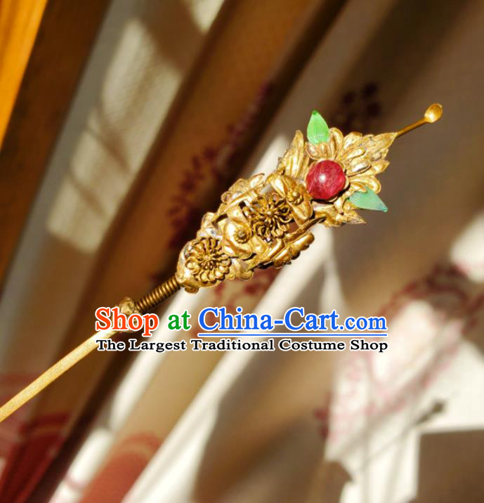 Chinese Ancient Empress Golden Hairpin Traditional Qipao Dress Headpiece Handmade Qing Dynasty Queen Ruby Hair Stick