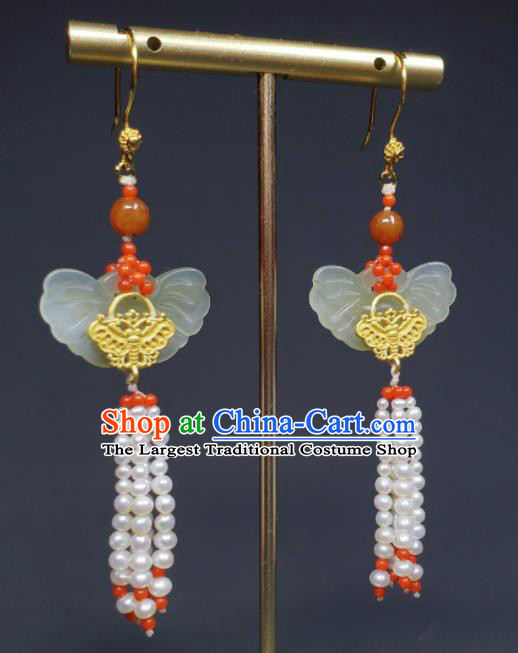 Handmade Chinese Traditional Jade Butterfly Ear Accessories National Pearls Tassel Earrings Cheongsam Ear Jewelry Qing Dynasty Imperial Consort Eardrop