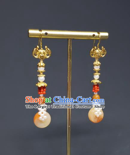 Handmade Chinese Qing Dynasty Court Eardrop Traditional Agate Ring Ear Accessories National Golden Bat Earrings Cheongsam Ear Jewelry