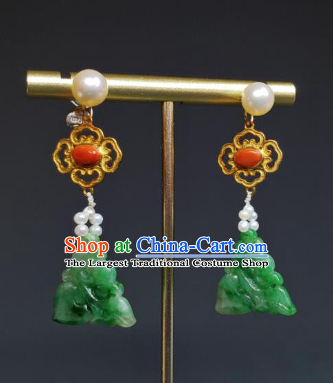 Handmade Chinese Coral Eardrop Traditional Ear Accessories National Jadeite Carving Earrings Cheongsam Ear Jewelry