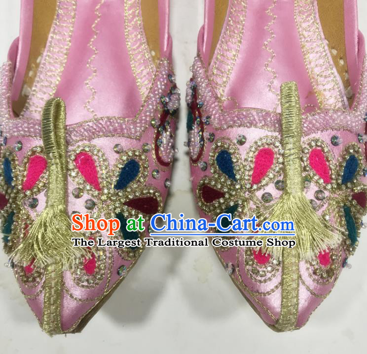 Handmade India Wedding Bride Shoes Folk Dance Shoes Asian Female Embroidered Shoes Indian Dance Pink Leather Shoes
