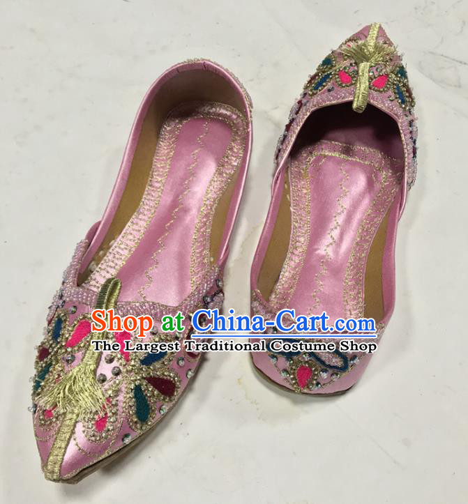 Handmade India Wedding Bride Shoes Folk Dance Shoes Asian Female Embroidered Shoes Indian Dance Pink Leather Shoes